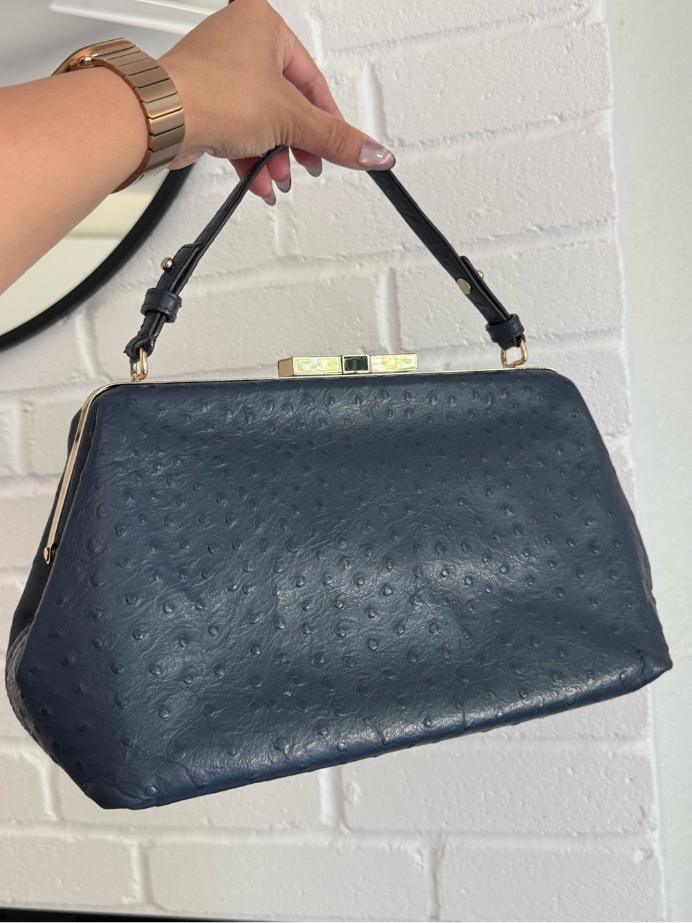 Kate Spade Victoria Falls Madeline Satchel Blue Ostrich Embossed Leather Bag
